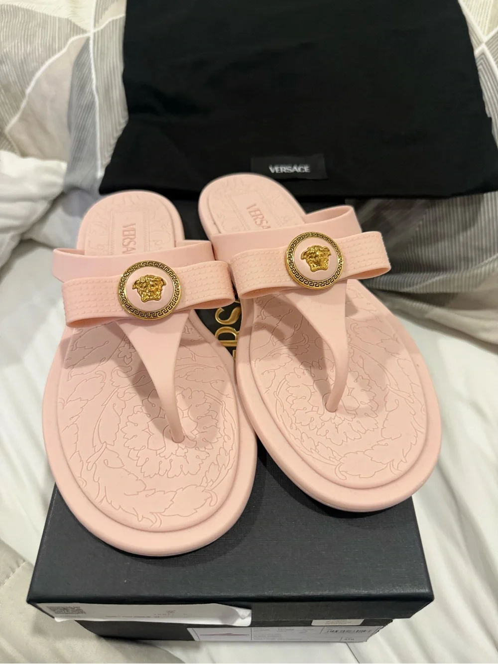 Versace Blush Pink Medusa Strap Thong Sandals